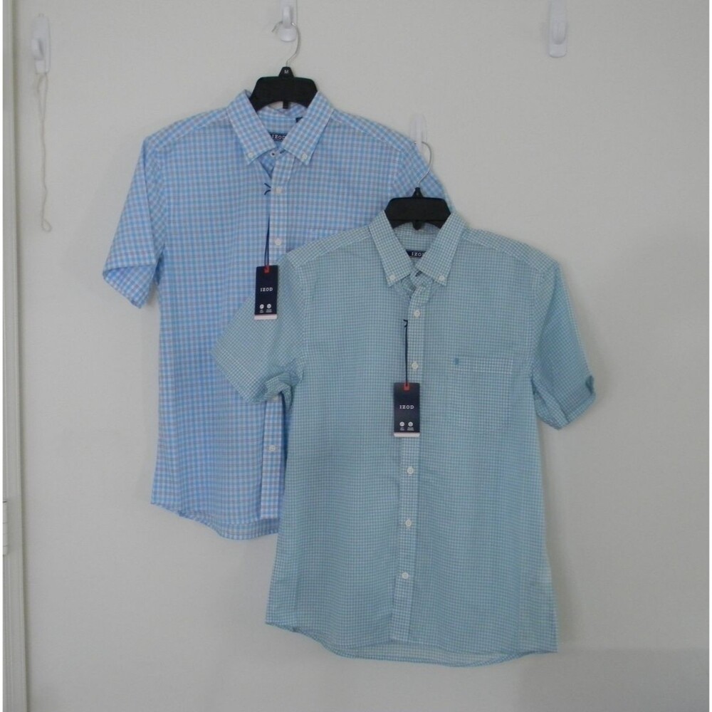 Lot of 2 Izod Button Down Shirts Blue Aqua Short Sleeve Men's Medium NWT